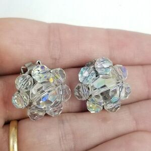 Vintage AB Glass Beaded Cluster Clip On Earrings, 50s 60s Style, Rainbow Finish